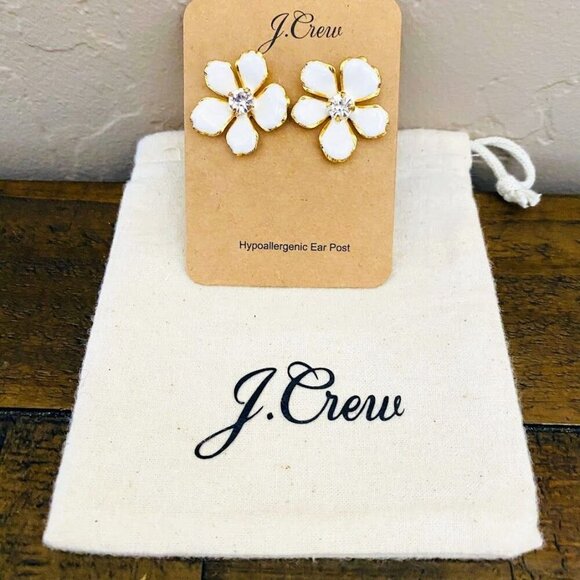 💜 J. Crew White Enamel Flower Earrings With Crystal Center & Gold Trim  Hypoall - Picture 3 of 4